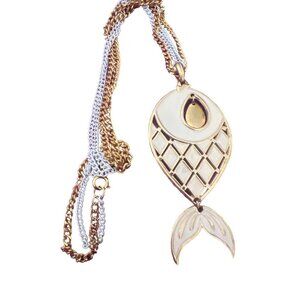 Vintage Articulated Cream Enamel Goldtone Fish Pendant Necklace Mod Retro Rare